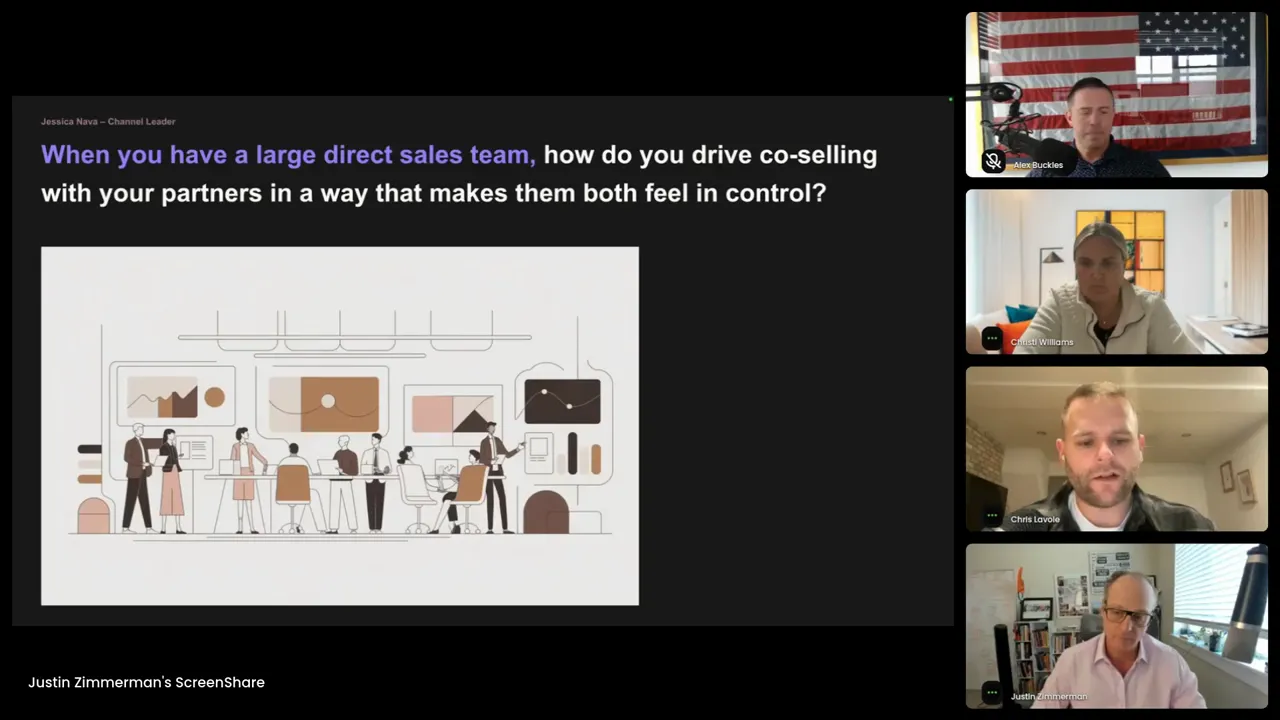 Webinar slide reading 'When you have a large direct sales team…' with panelist video thumbnails along the right
