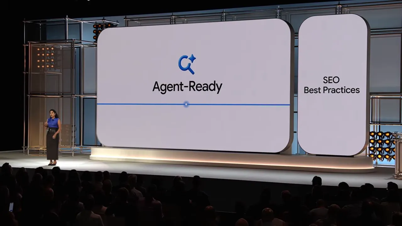 Màn hình sân khấu hiển thị chữ Agent-Ready bên cạnh phần SEO Best Practices