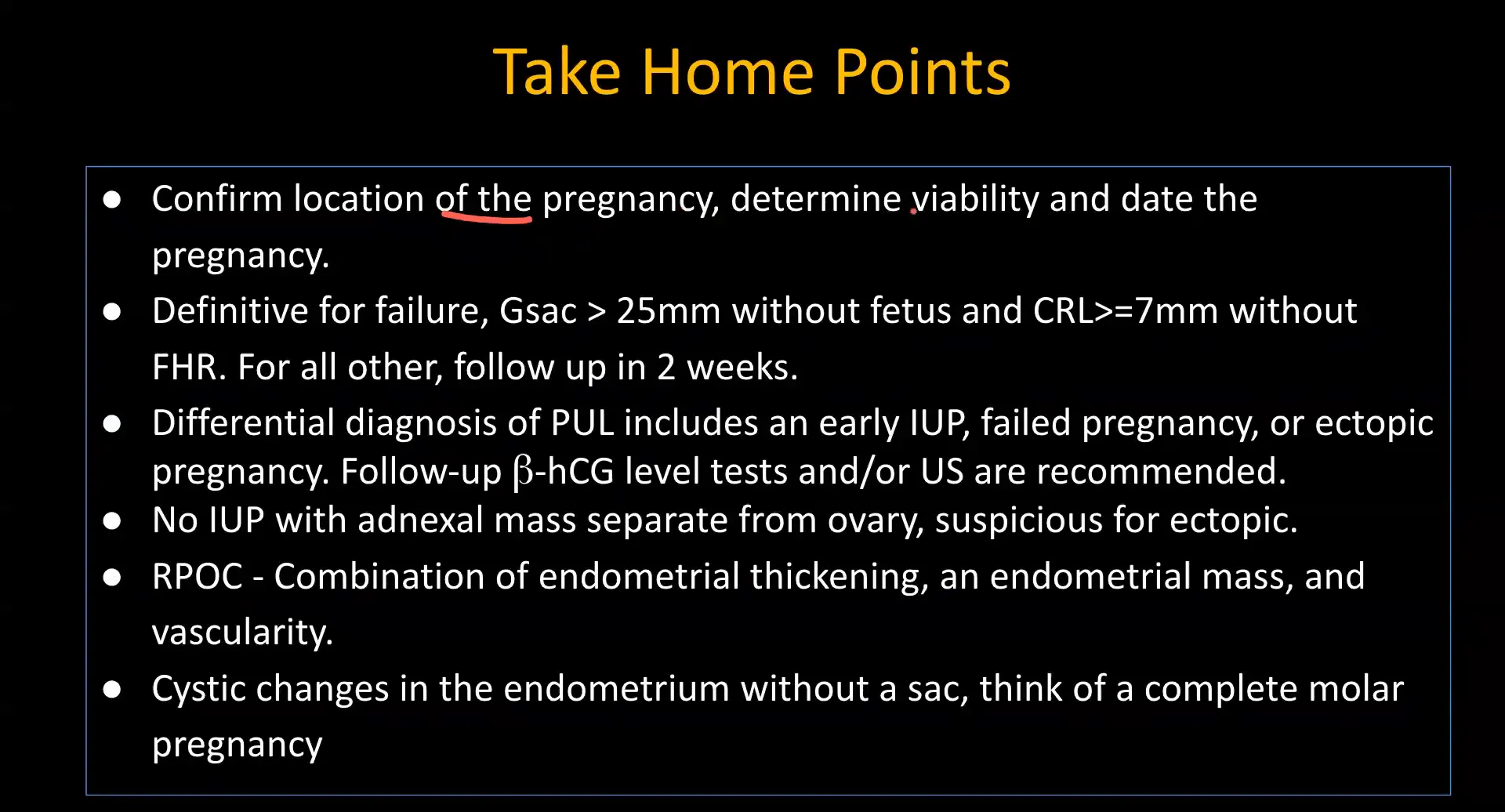 Diagram showing key points for diagnosing ectopic pregnancy
