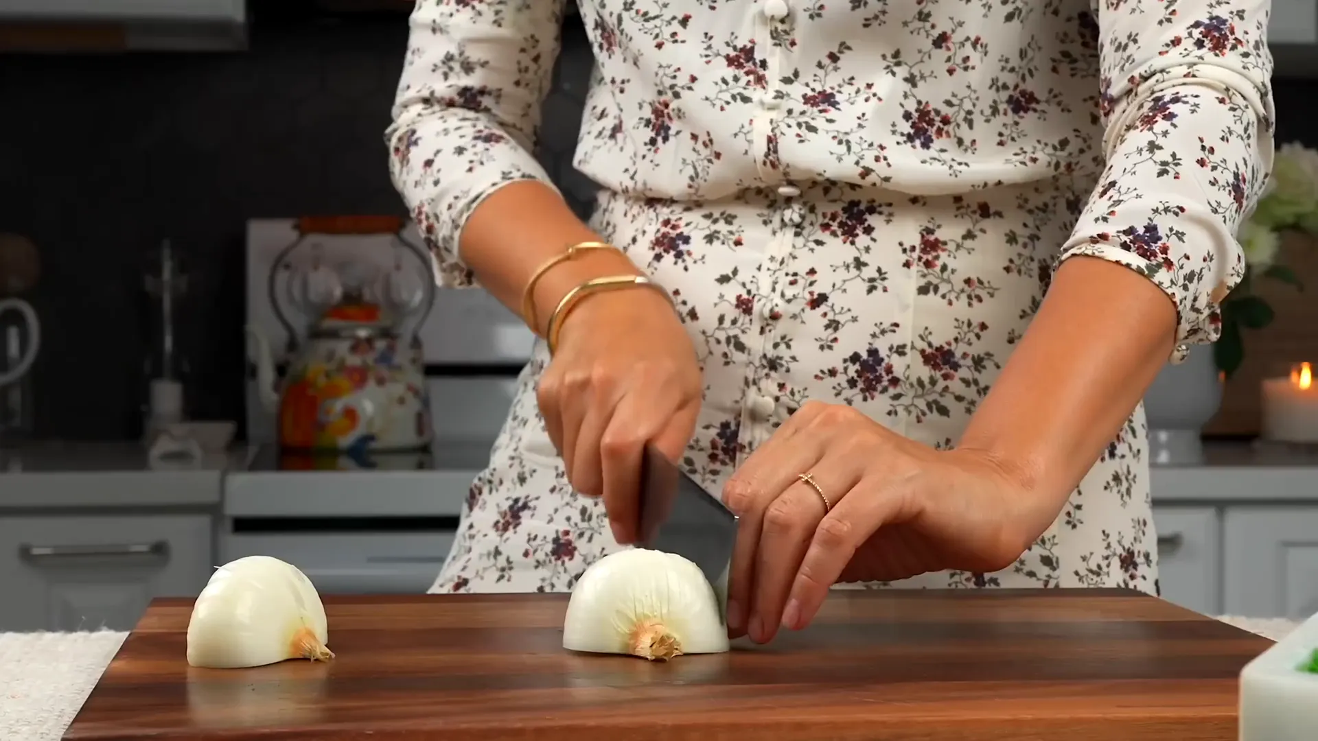 Chopping onion for ground beef mixture