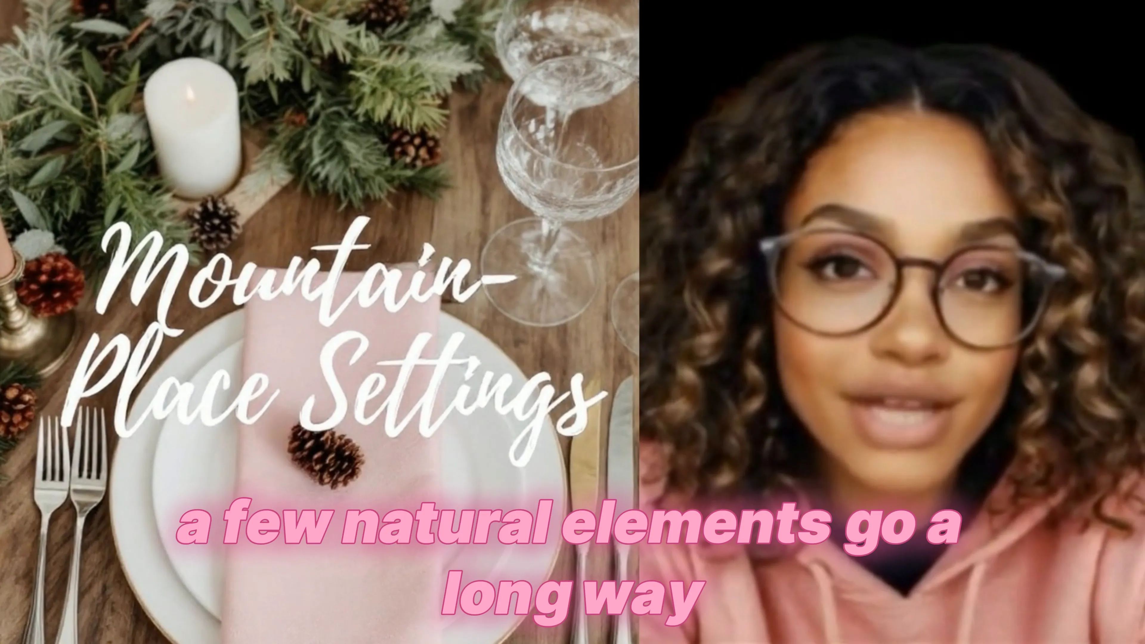 Mountain inspired place setting with pinecones and berry pink linens