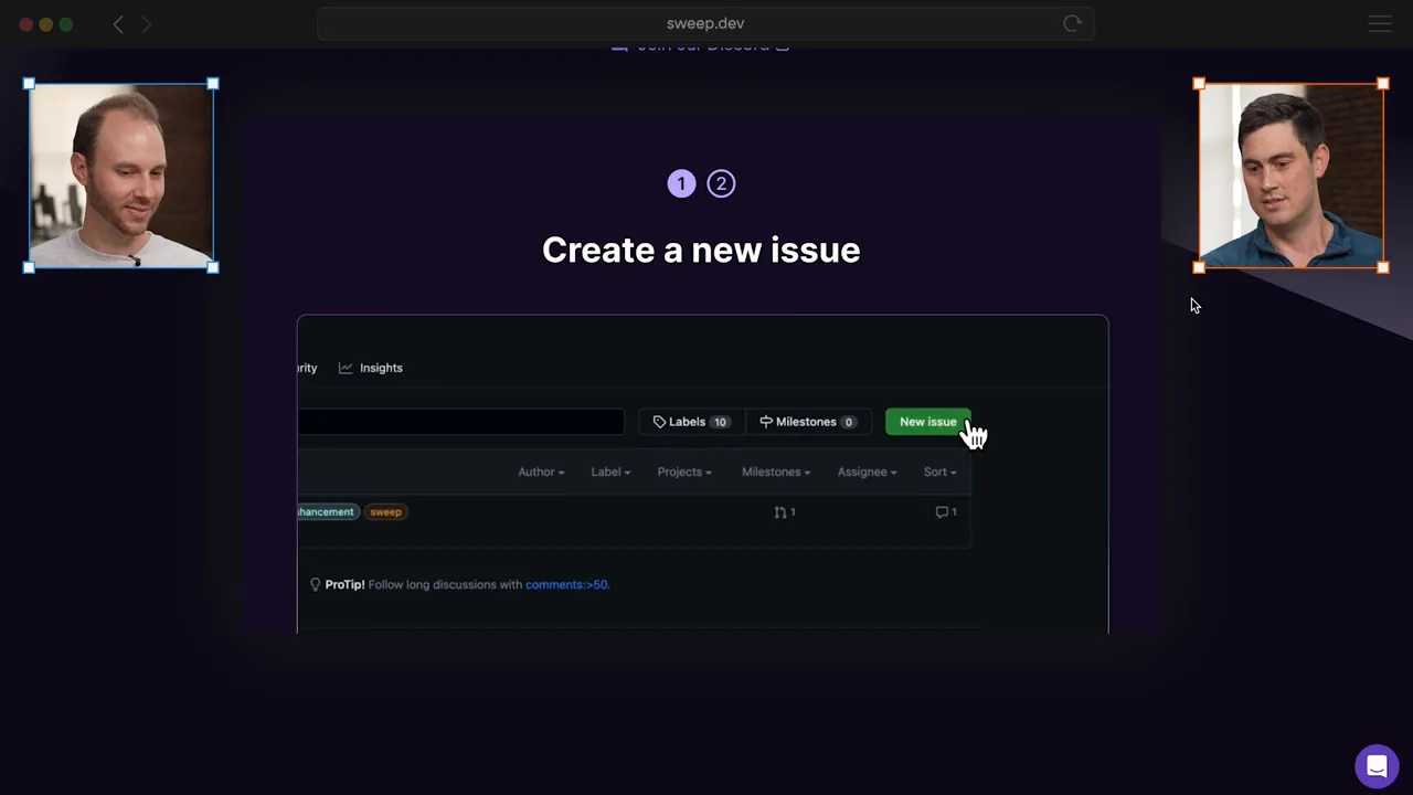 Giao diện Sweep minh họa bước tạo issue trong GitHub
