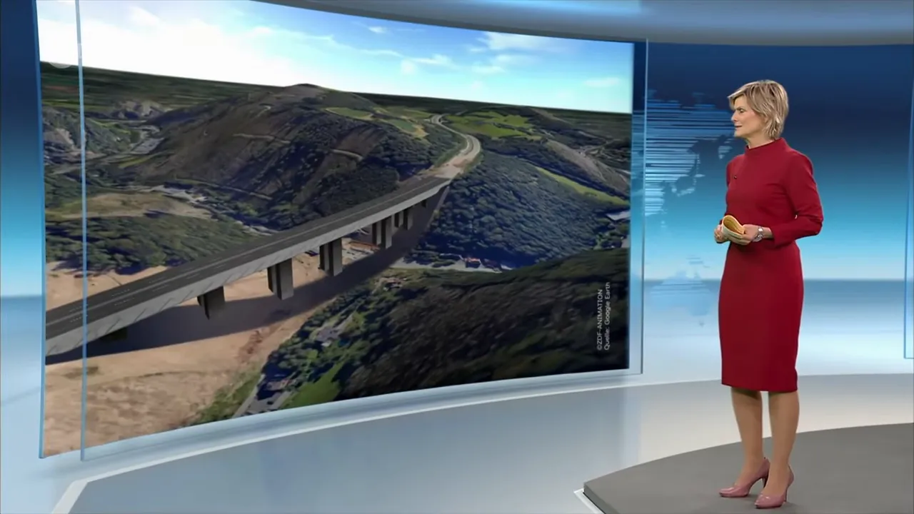 Breite Ansicht einer 3D-Animation der Rahmedetalbrücke über ein Tal auf der Studiowand, Moderatorin steht daneben