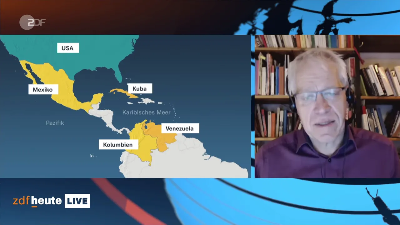 Karte Mittelamerika/Karibik mit lesbaren Beschriftungen (USA, Mexiko, Kuba, Kolumbien, Venezuela) und Experte im Videofenster