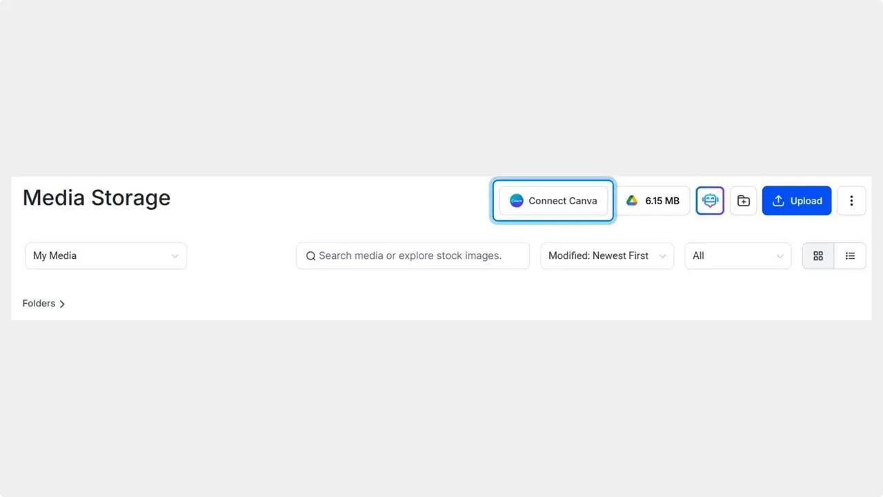 Media Storage screen with the 'Connect Canva' button highlighted in the header