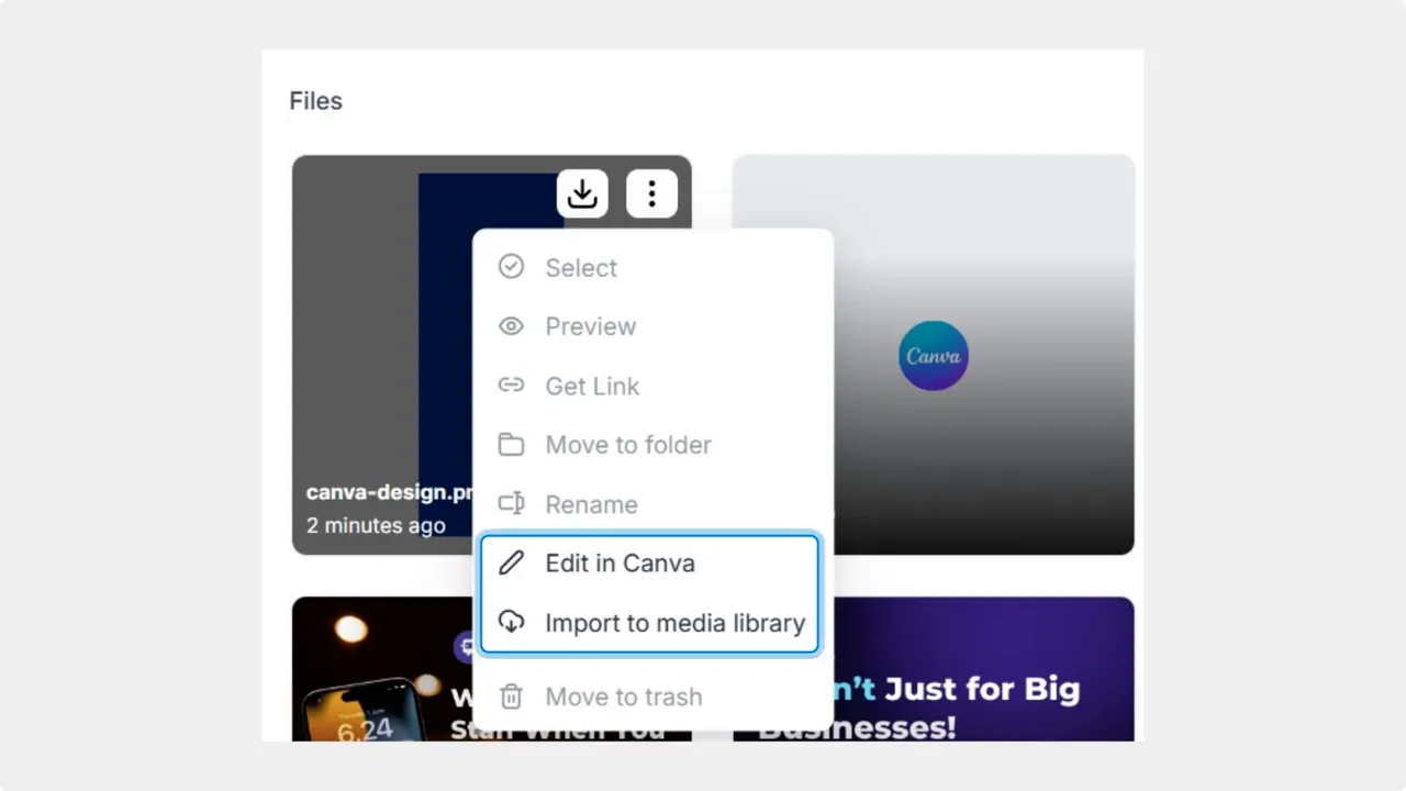 Context menu over a media file with 'Edit in Canva' and 'Import to media library' options highlighted
