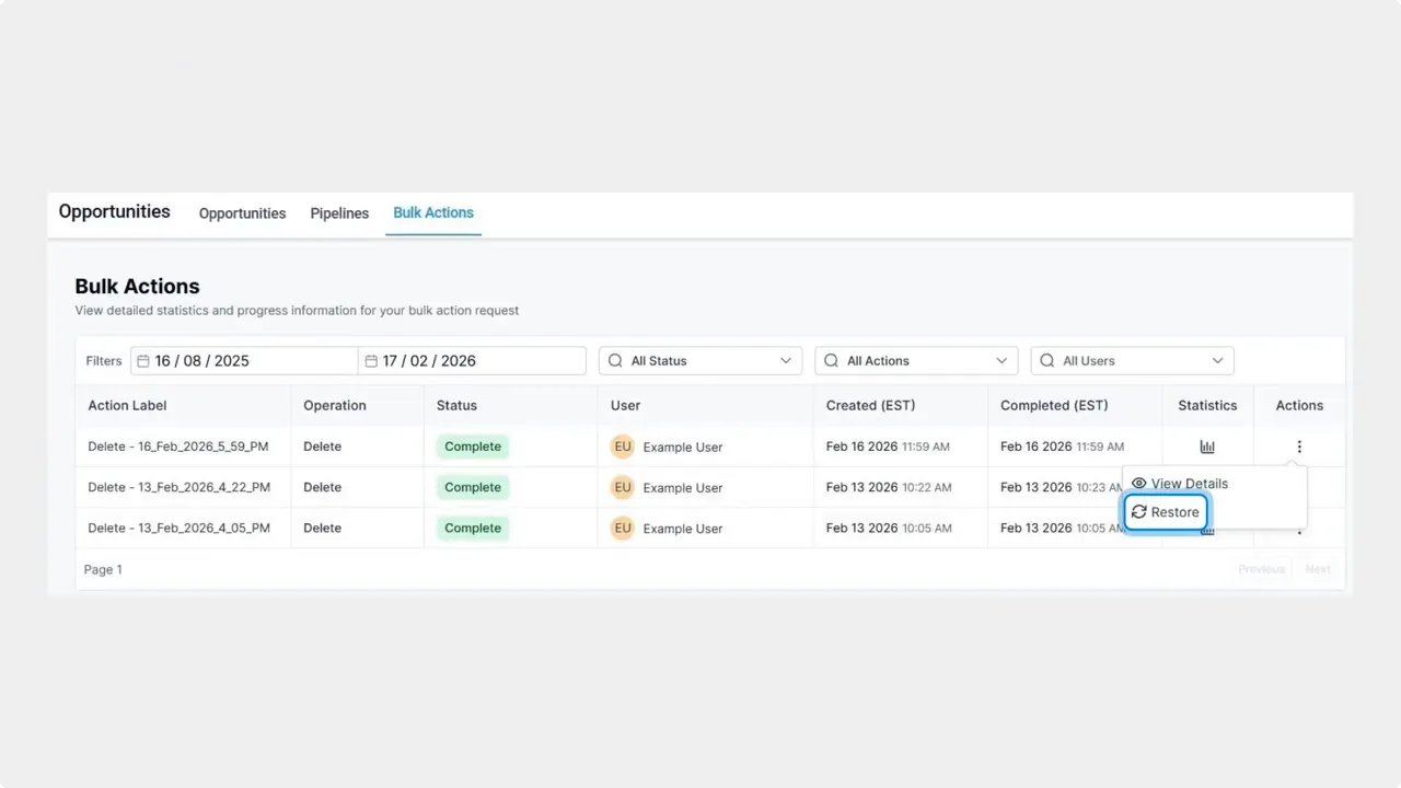 Bulk Actions table showing completed delete actions and a context menu highlighting the 'Restore' option.