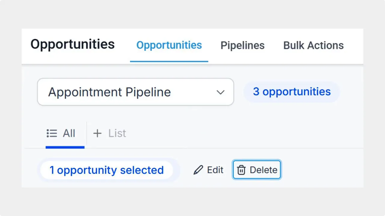 Opportunities list showing '1 opportunity selected' and a highlighted Delete button with a trash can icon