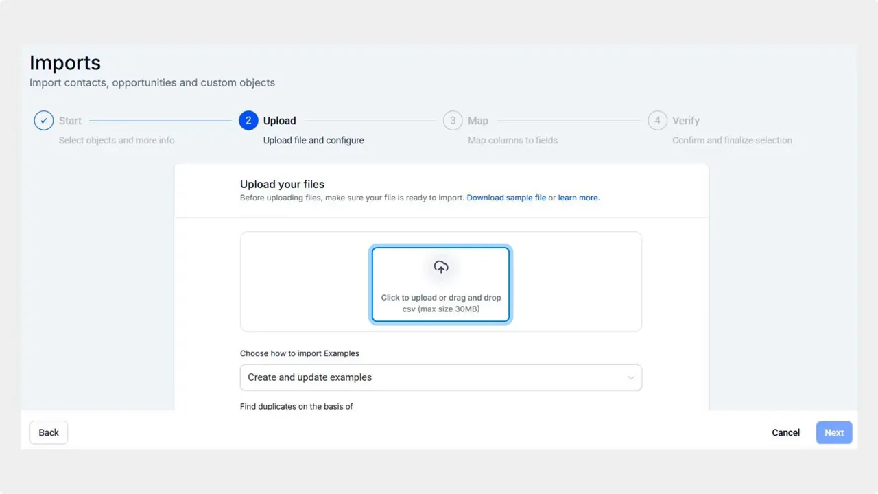 Import wizard upload step with drag-and-drop area and a 'Click to upload or drag and drop csv (max size 30MB)' box