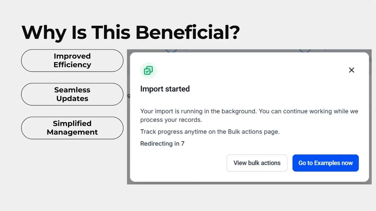 Import started modal showing message that import is running in background and a 'View bulk actions' button