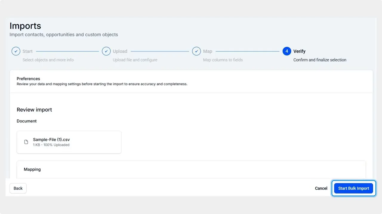 Custom objects import verify screen showing uploaded CSV, mapping review, and a highlighted 'Start Bulk Import' button.