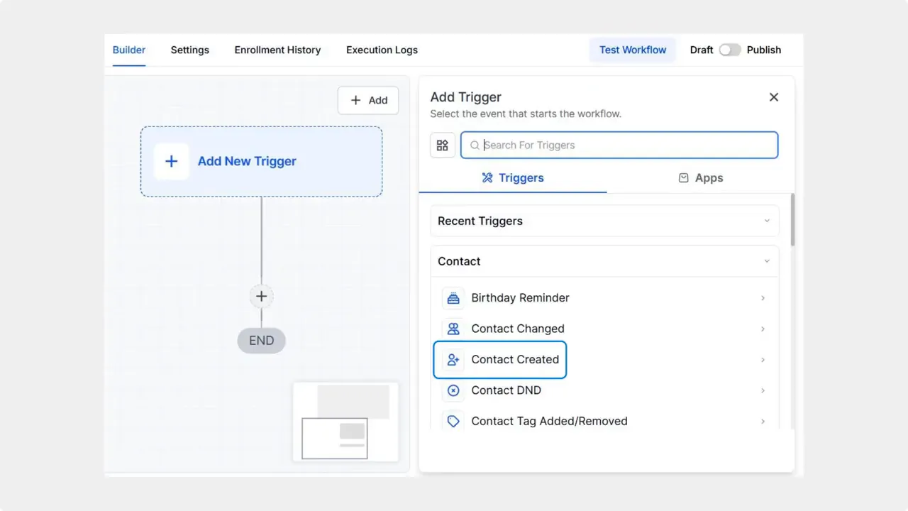 Workflow builder screen with Add New Trigger on left and Add Trigger panel on right showing Contact Created highlighted