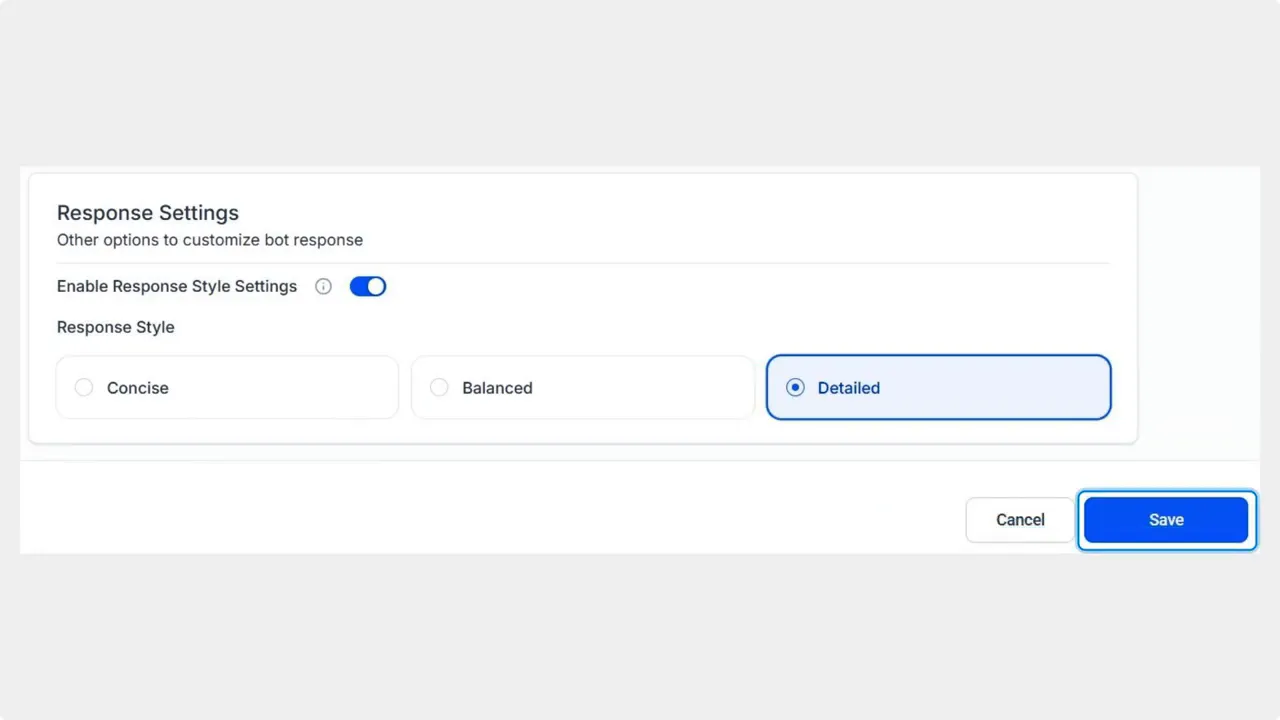 Bot settings screen showing 'Response Settings' with the Response Style toggle enabled, 'Concise', 'Balanced', and 'Detailed' options and the Save button highlighted.