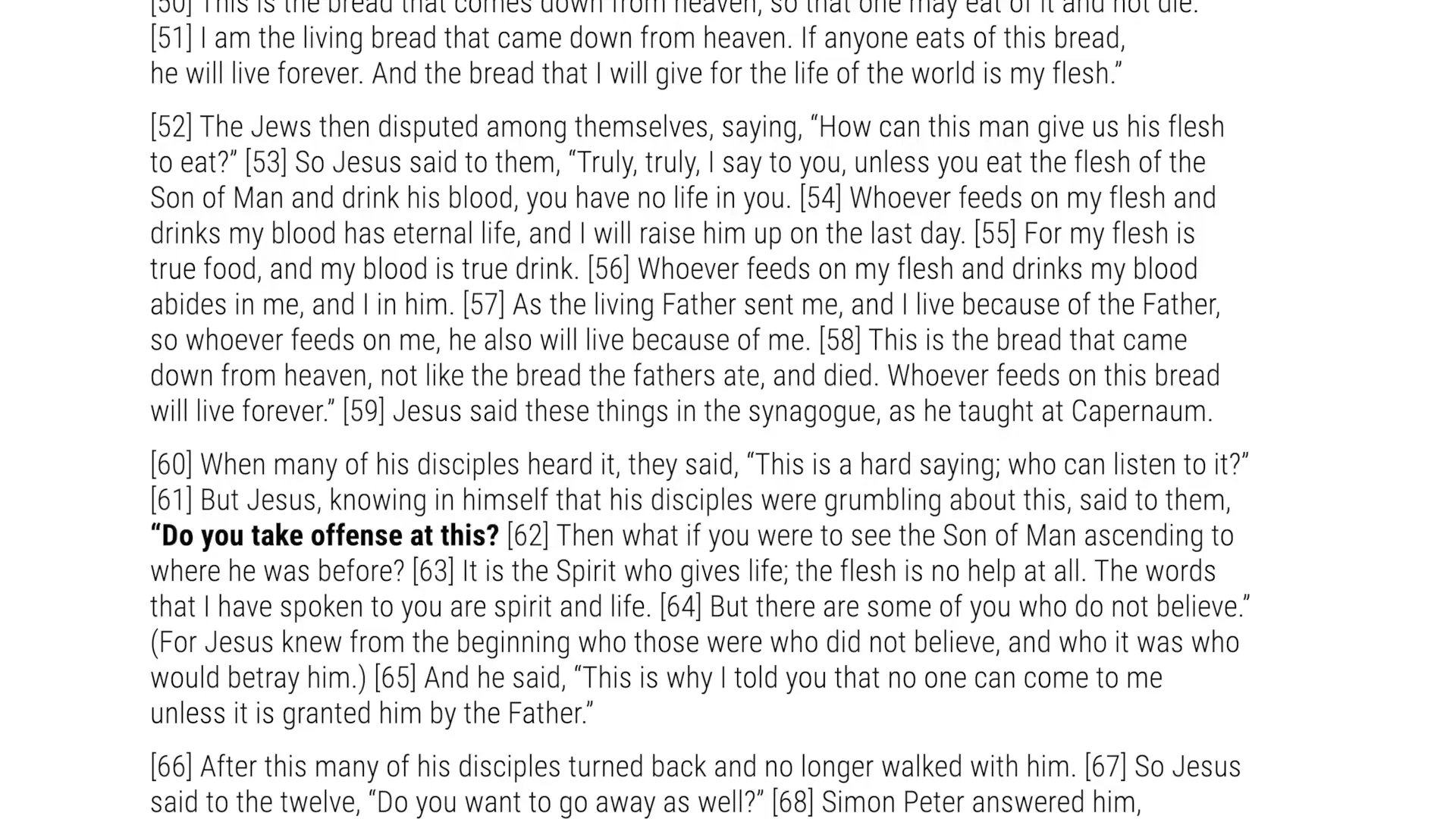 Jesus teaching in synagogue at Capernaum, disciples reacting to hard saying