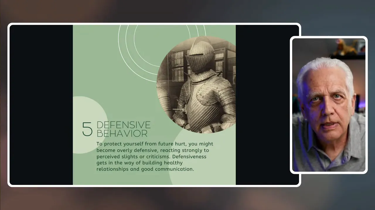 Slide '5 Defensive Behavior' with knight armor graphic and clear presenter inset, high contrast and readable text.