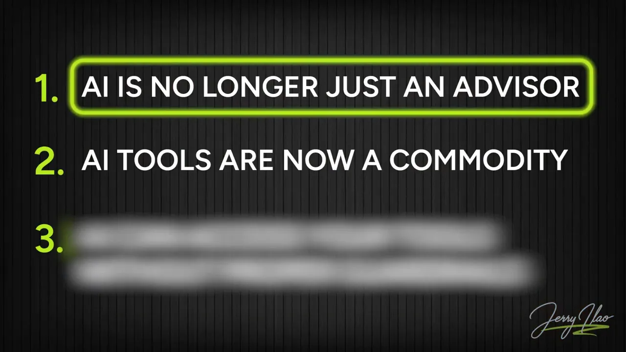 On-screen slide with highlighted text: AI is no longer just an advisor and AI tools are now a commodity