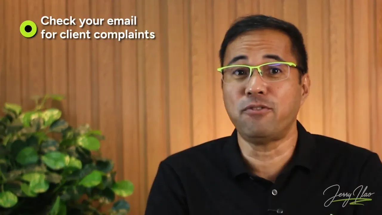 Presenter with on-screen prompt to check email for client complaints illustrating AI operator inputs