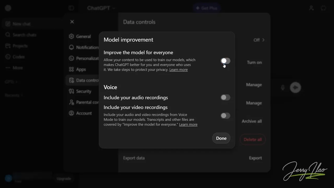 ChatGPT model improvement toggle turned off in settings modal