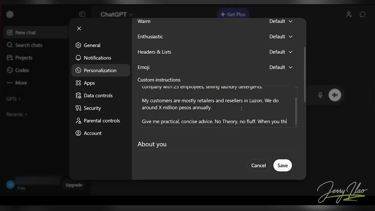 Custom instructions screen with detailed business context entered