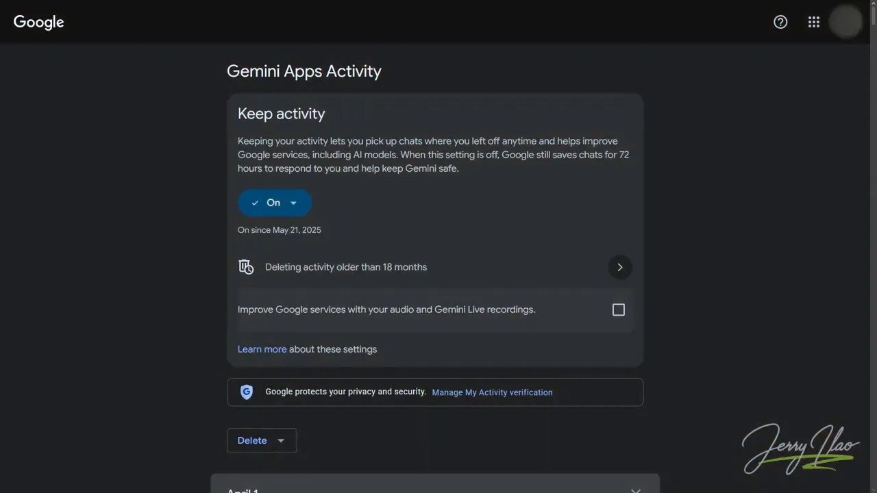 Google Gemini apps activity page with activity controls visible