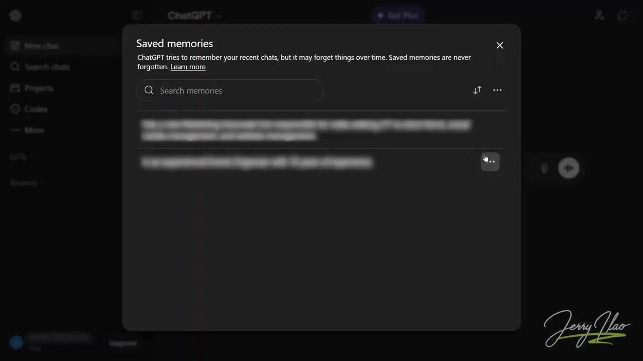 Saved memories panel in ChatGPT showing remembered items and menu options