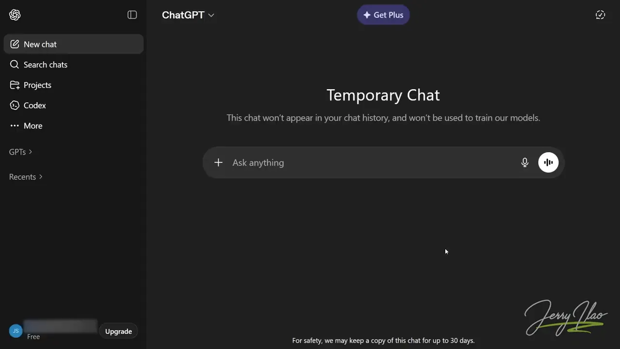 Temporary Chat interface open in ChatGPT with private conversation mode enabled