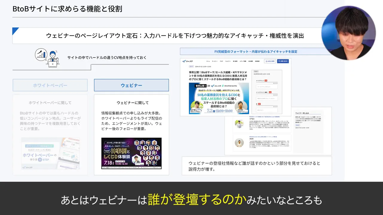 ウェビナーのページレイアウトを示すスライド。登壇者情報の見せ方が分かる構成で、右上に話者の丸いサムネイルが表示されている。