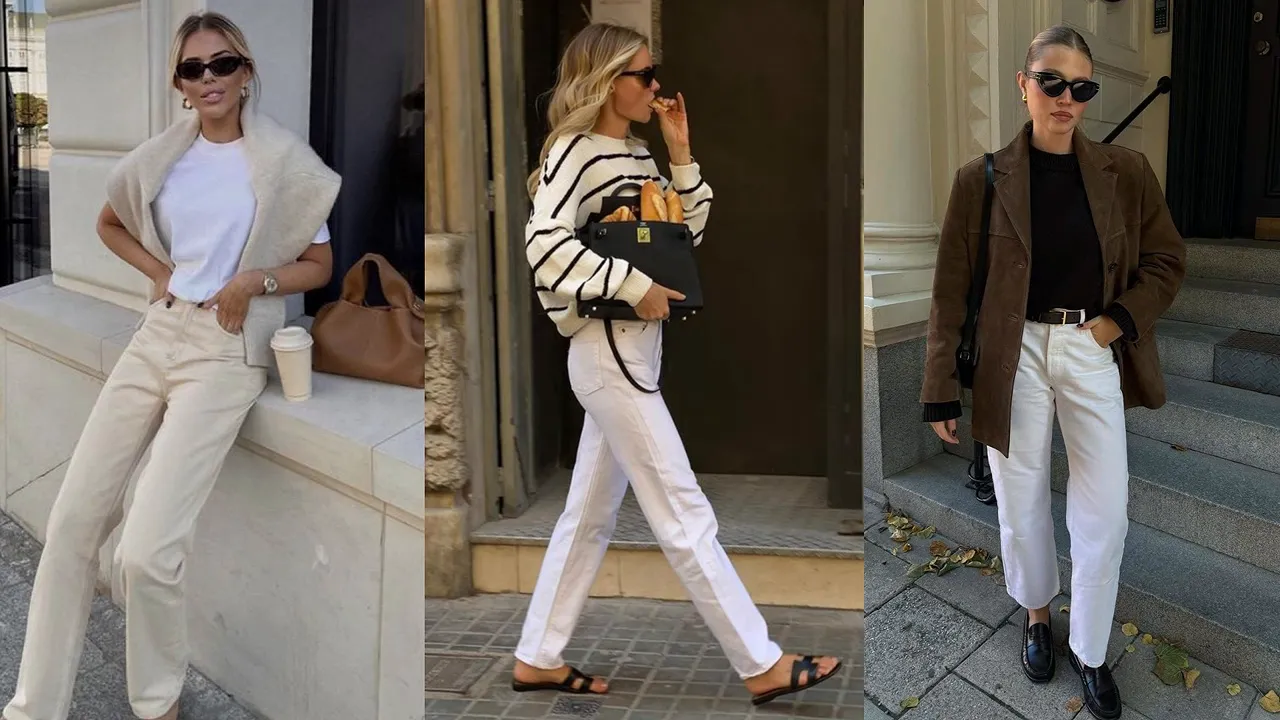 Tre abbinamenti con pantaloni chiari, capi beige, maglia a righe e giacca marrone