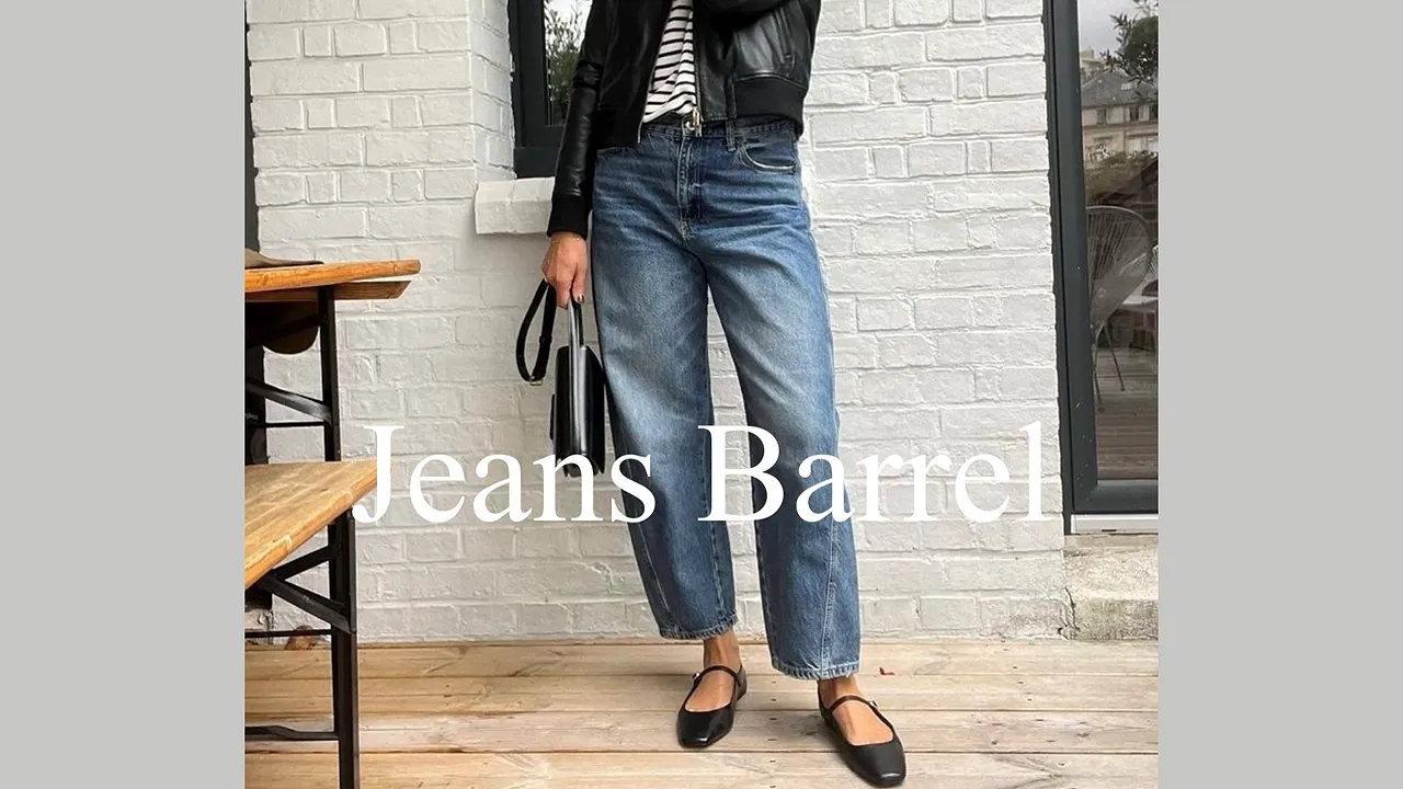 Jeans barrel, indossati con giacca scura e scarpe nere