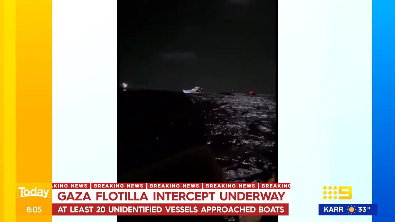 Vessels in the flotilla being sprayed by water cannon as they approach Gaza