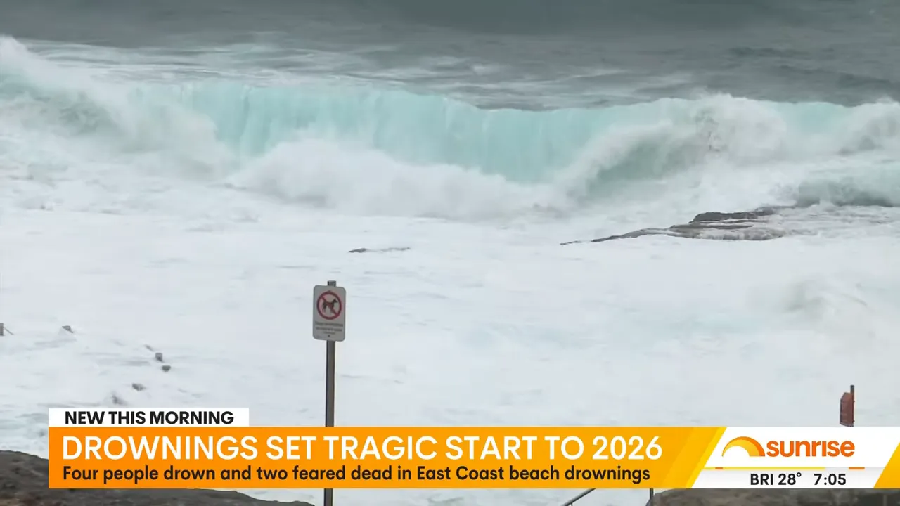 Large breaking wave and heavy whitewater at a beach with a warning sign visible in the foreground