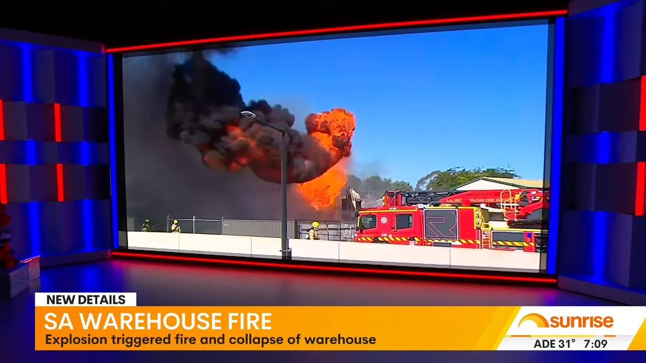 Large orange fireball and dense black smoke over a burning warehouse with fire trucks at the scene