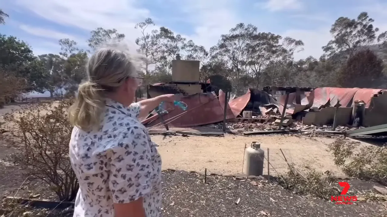 Homeowner pointing at gutted house and collapsed shed after bushfire