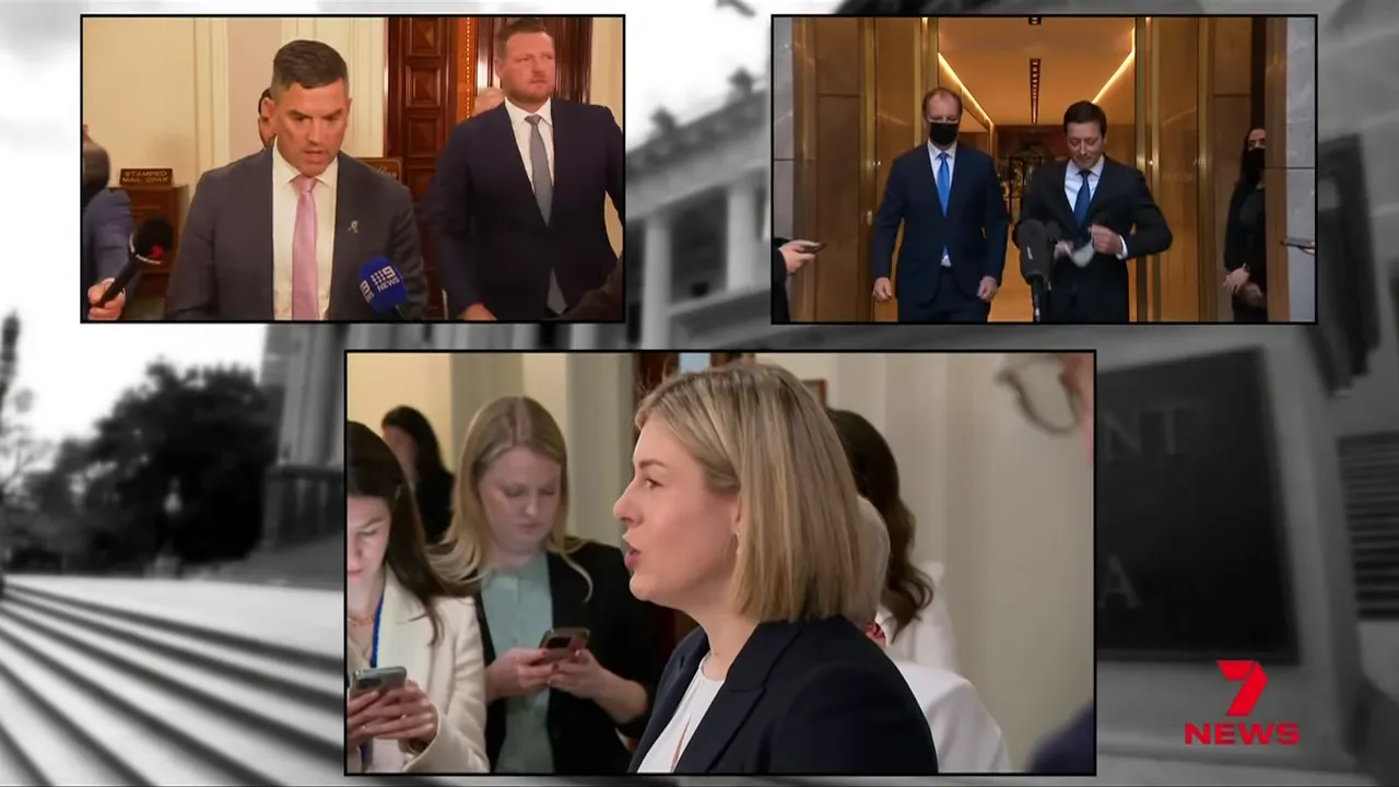 Split-screen montage: senior politicians and Jess Wilson speaking at a media briefing.