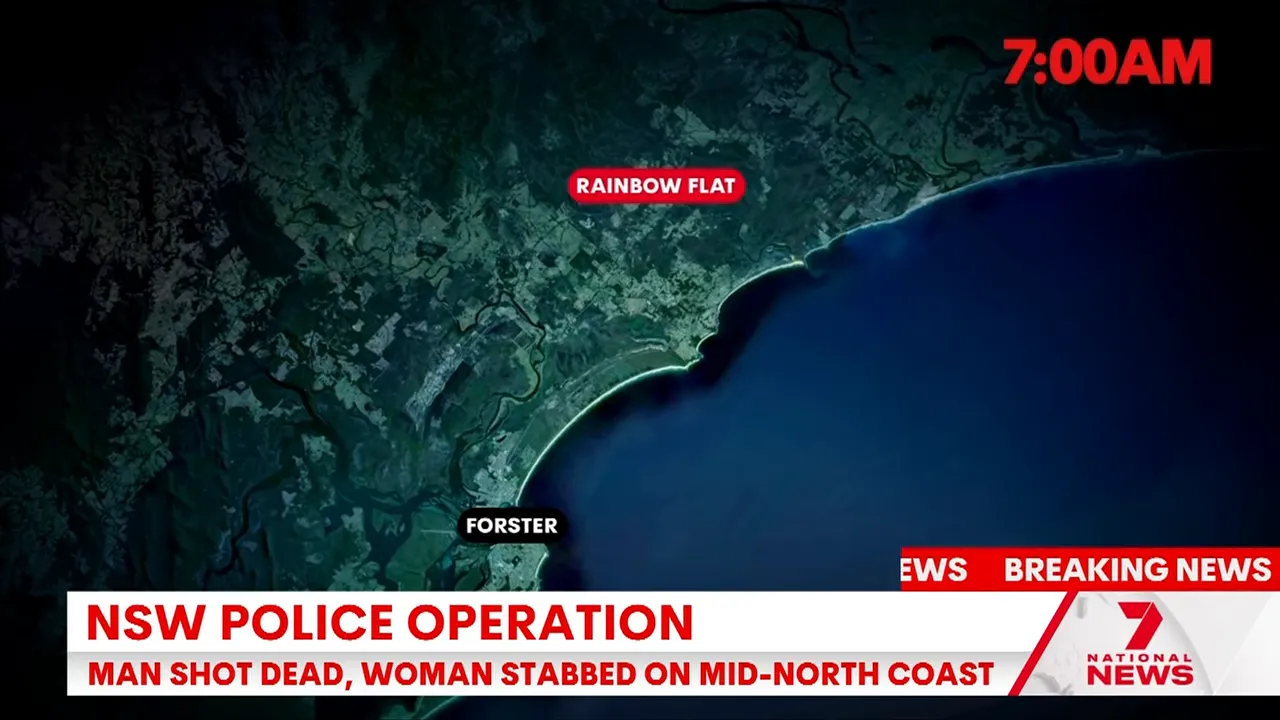 Coastal map highlighting Forster and Rainbow Flat with NSW Police Operation breaking news banner