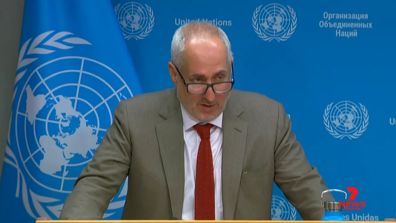 United Nations press briefing with an official at the lectern and clear UN emblem backdrop