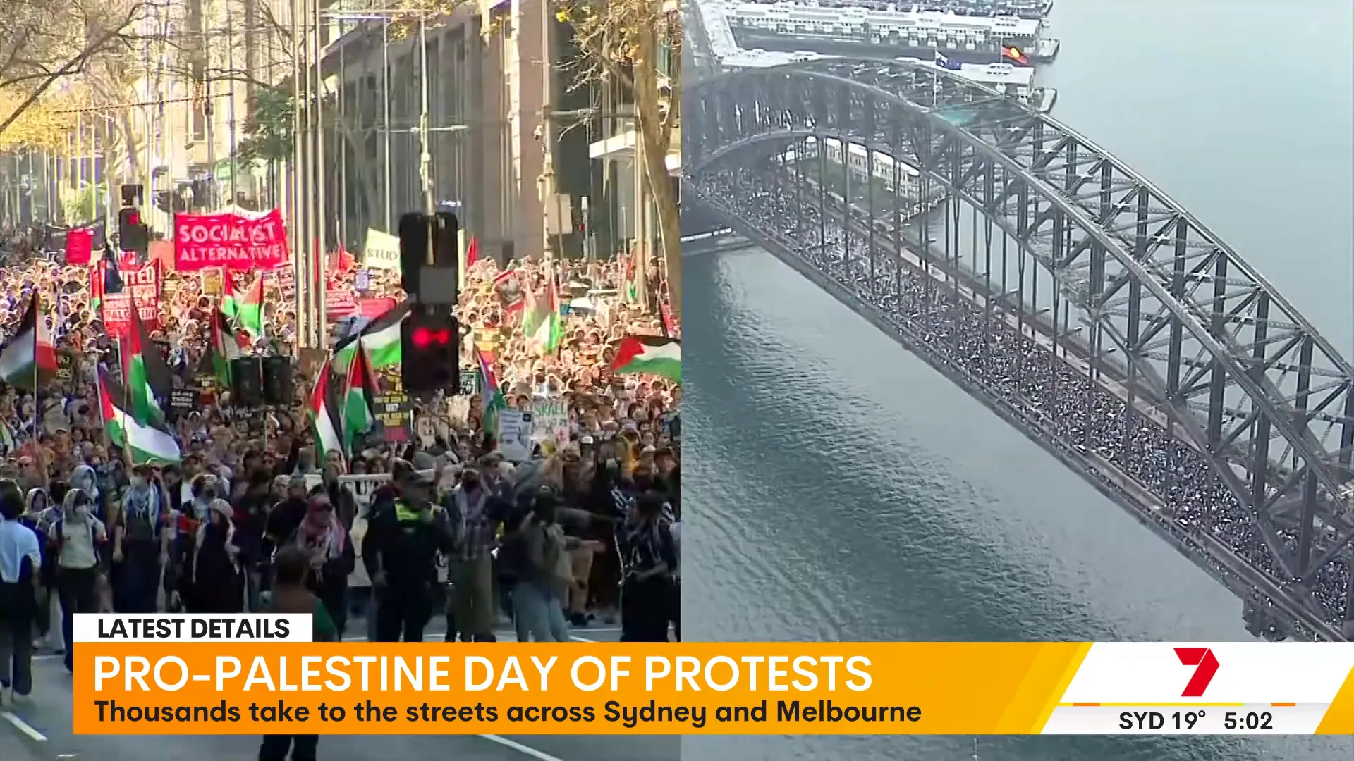Thousands of protesters crowding Sydney Harbour Bridge