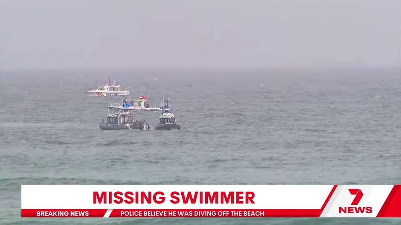 Police and rescue boats conducting a coordinated search offshore at South Maroubra during the missing swimmer response.