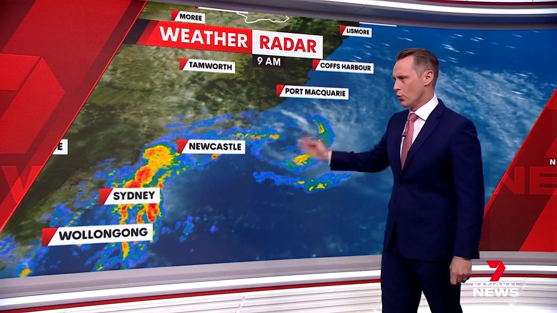 Radar image showing spiraling low moving north past Newcastle