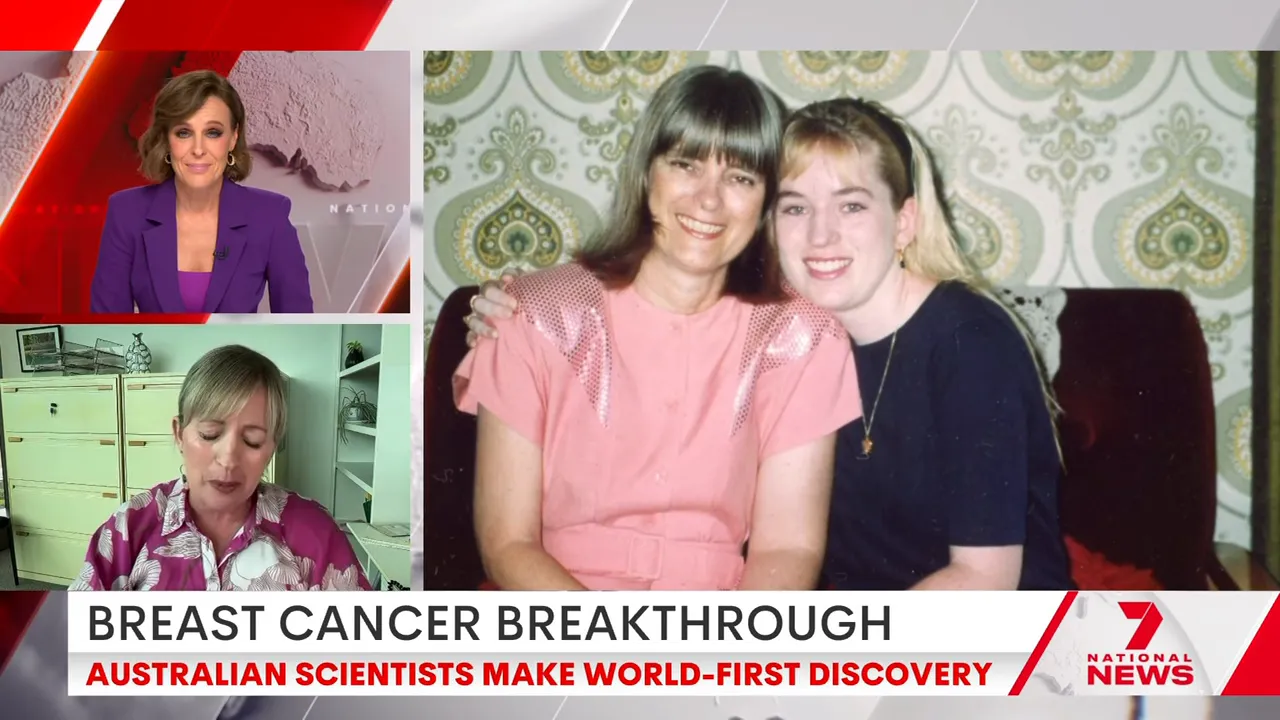 High-quality broadcast frame: presenter and interview guest at left with a large, clear archival photo of two smiling women (mother and daughter) on the right.