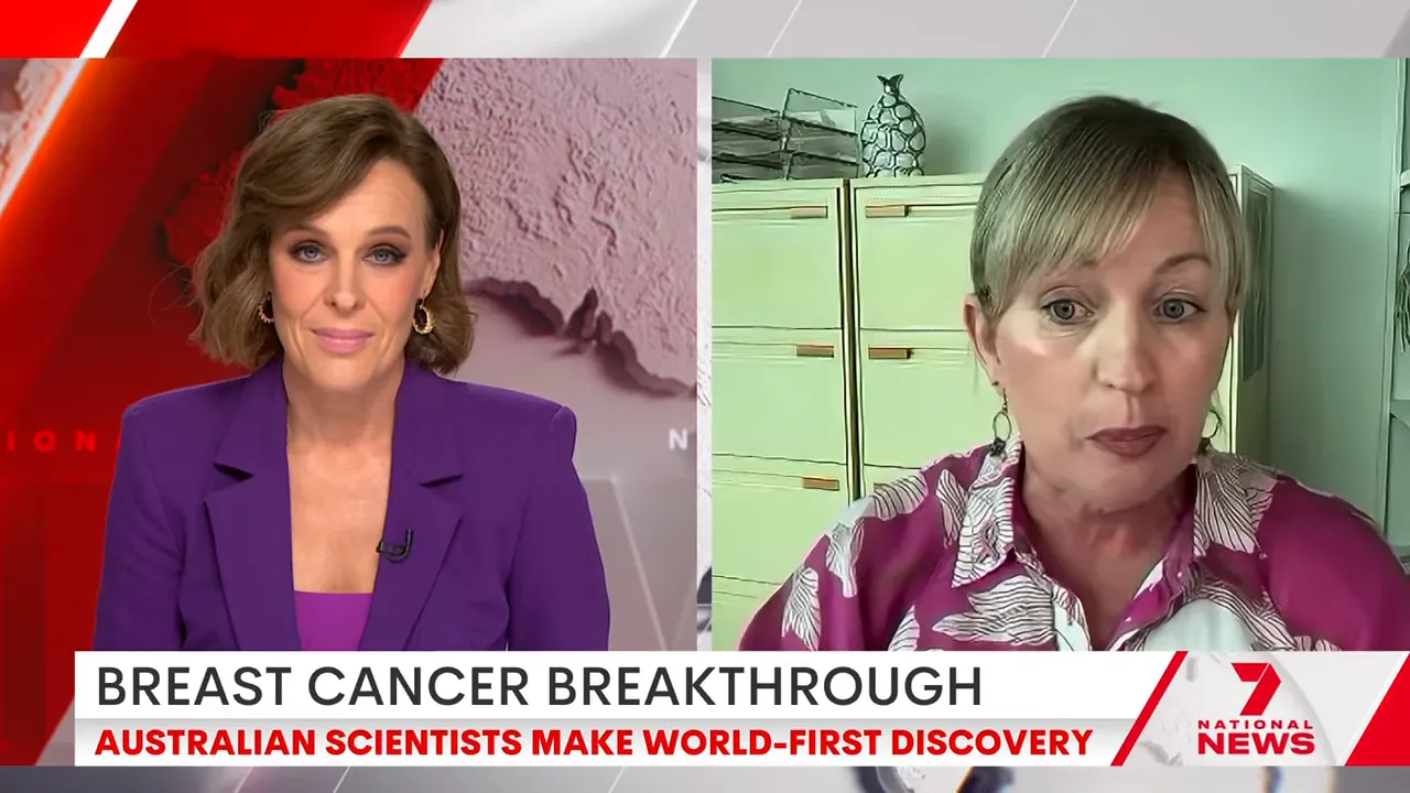 Clear split‑screen news shot of a presenter and a remote scientist speaking on the breast cancer breakthrough.