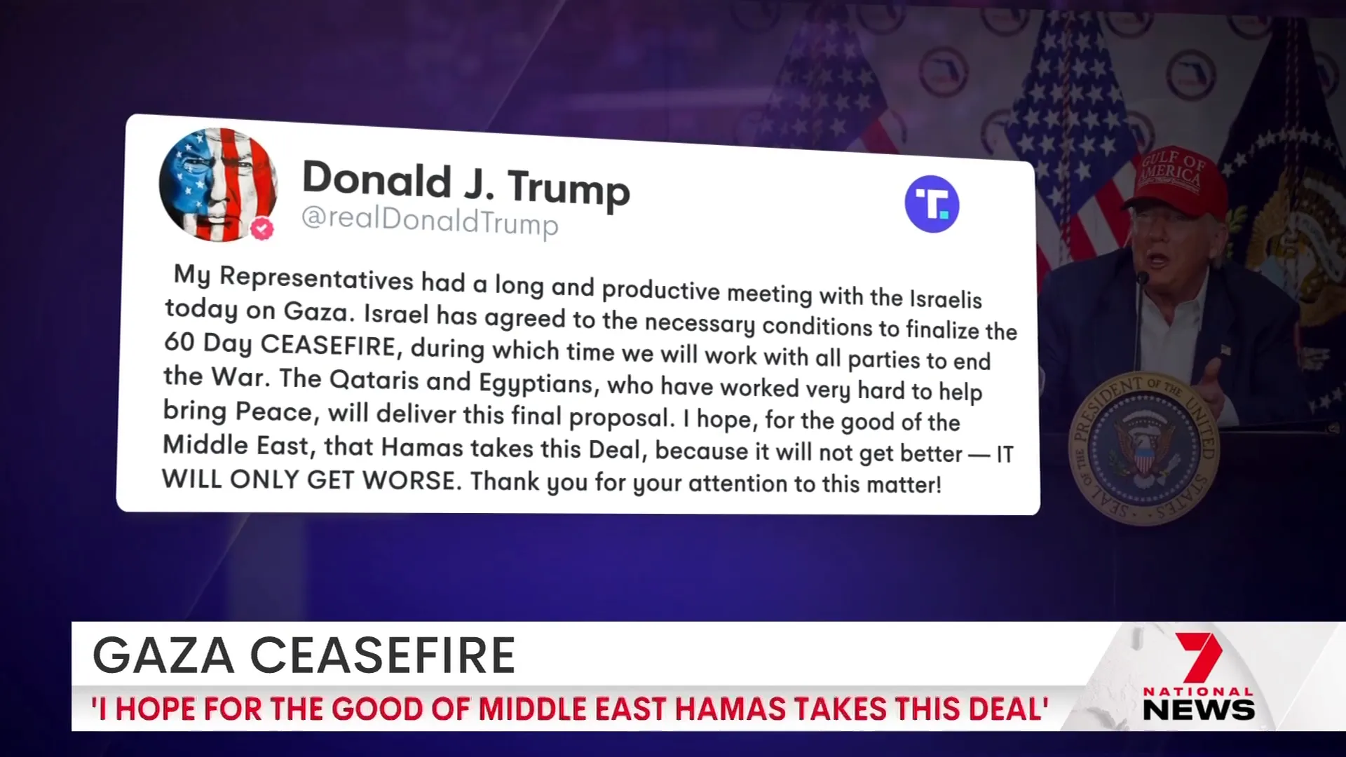 Donald Trump’s Truth Social post about Gaza ceasefire