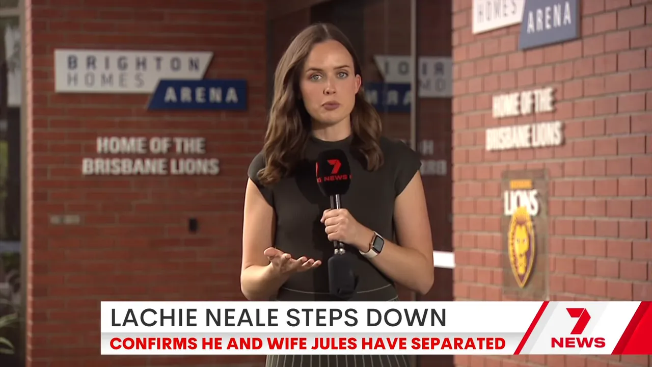 Field reporter holding a 7 News microphone outside the Brisbane Lions' training facility with chyron 'Lachie Neale steps down'.