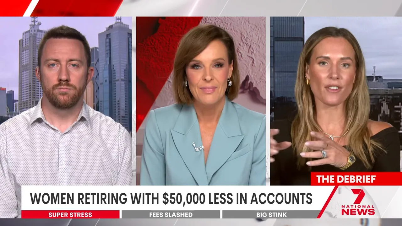 Clear television news shot of a three-way panel and banner reading 'Women retiring with $50,000 less in accounts'.