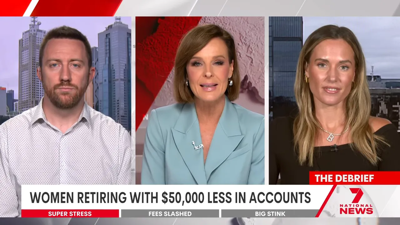 three-way news panel with chyron 'Women retiring with $50,000 less in accounts' on national news