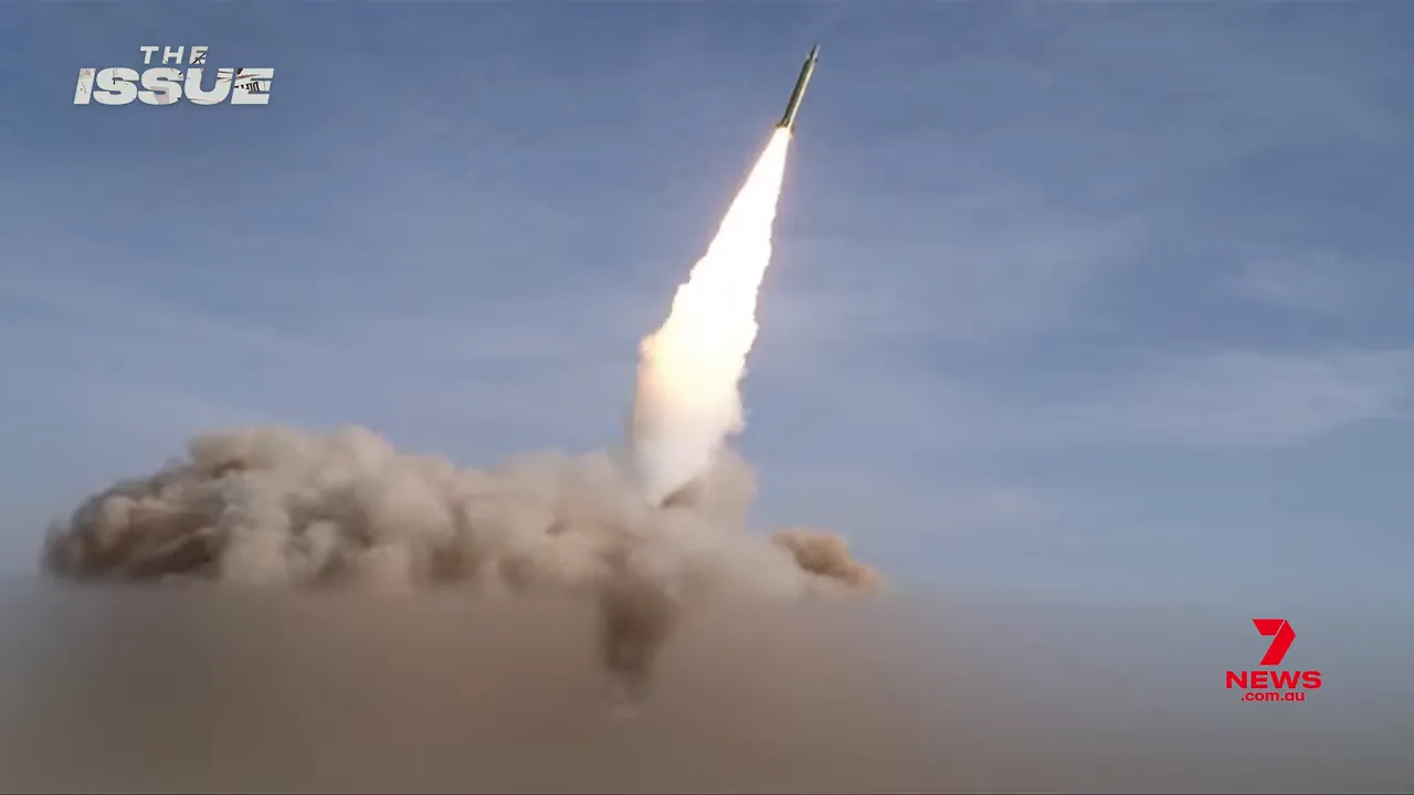 Missile launch with smoke plume against a clear sky related to the Iran war oil crisis