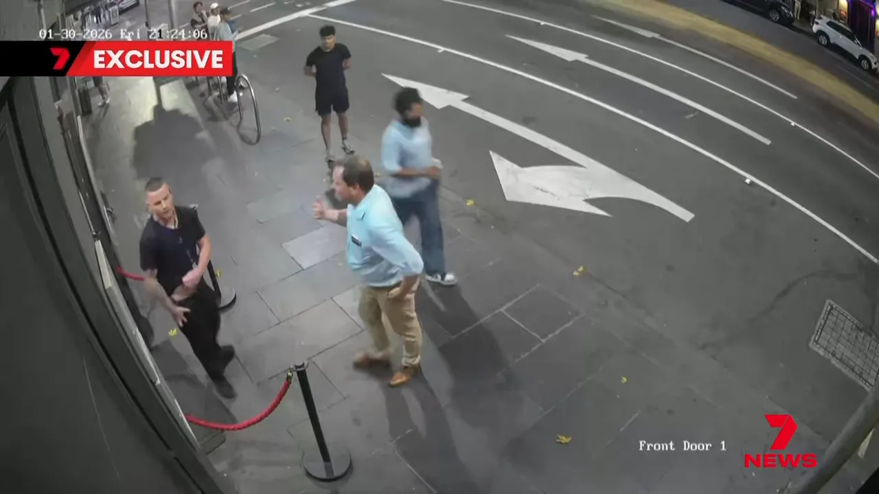 CCTV view of a confrontation outside a King Street venue showing security/staff and patrons on the footpath