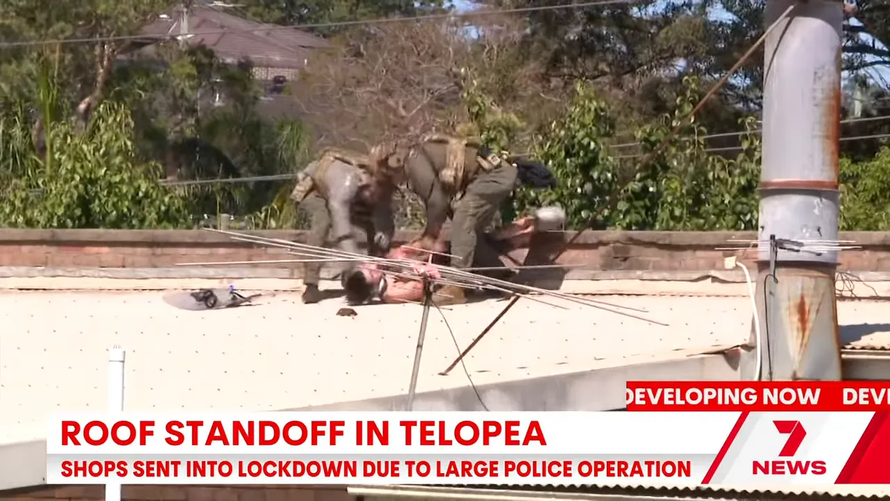 Police officers restraining a man on a rooftop during the Telopea standoff