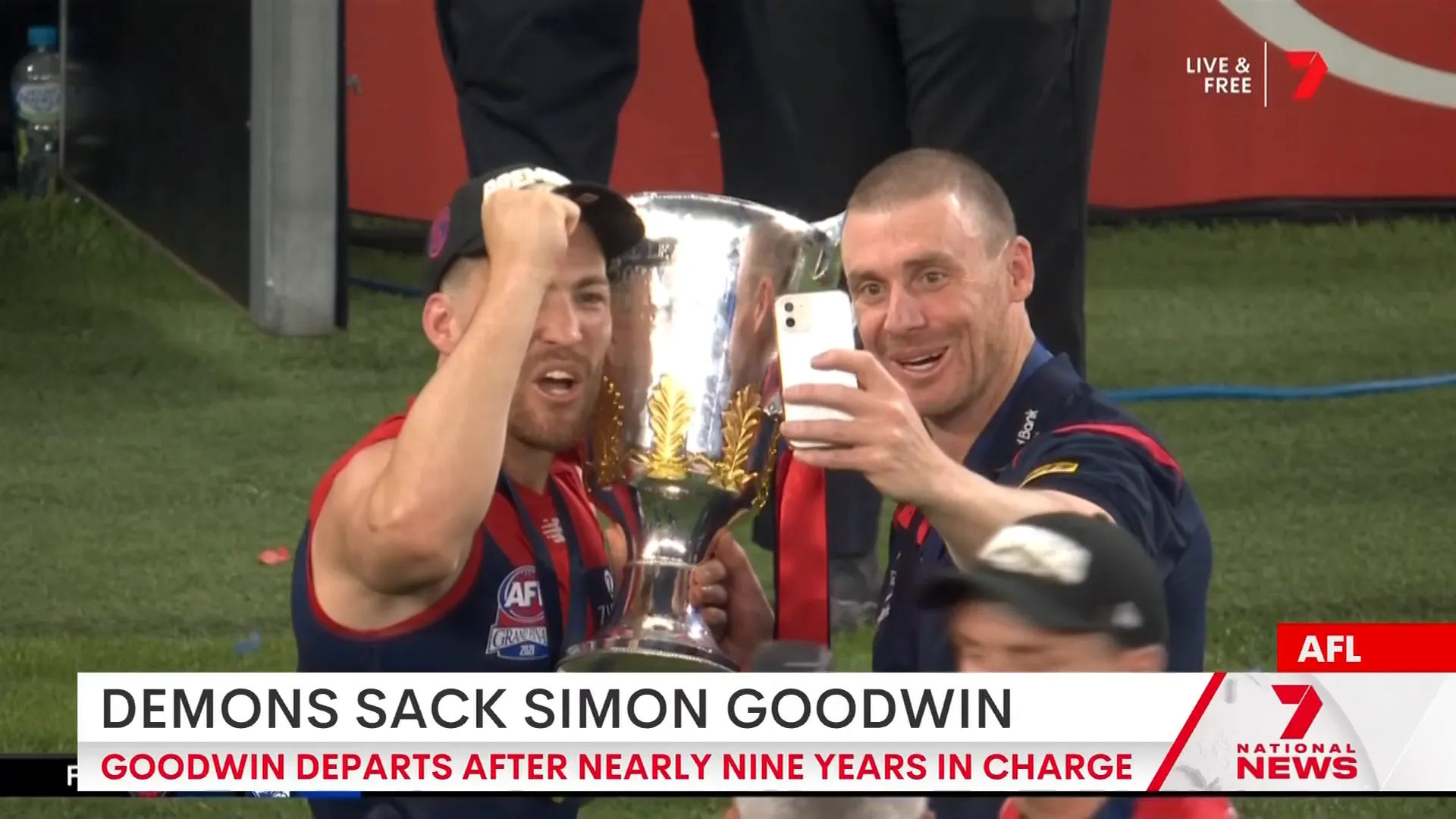 Simon Goodwin celebrating the 2021 premiership win