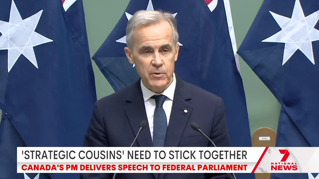 Clear mid-shot of a speaker at a podium with Australian flags behind in a parliamentary setting.